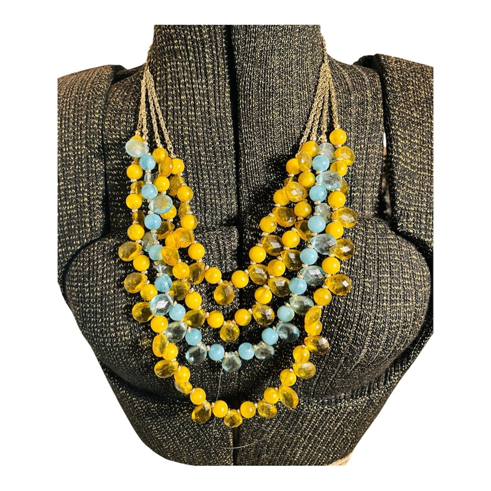 Gia Multi Strand Beaded Necklace Yellow Blue Statement Bib Necklace Chunky Boho
